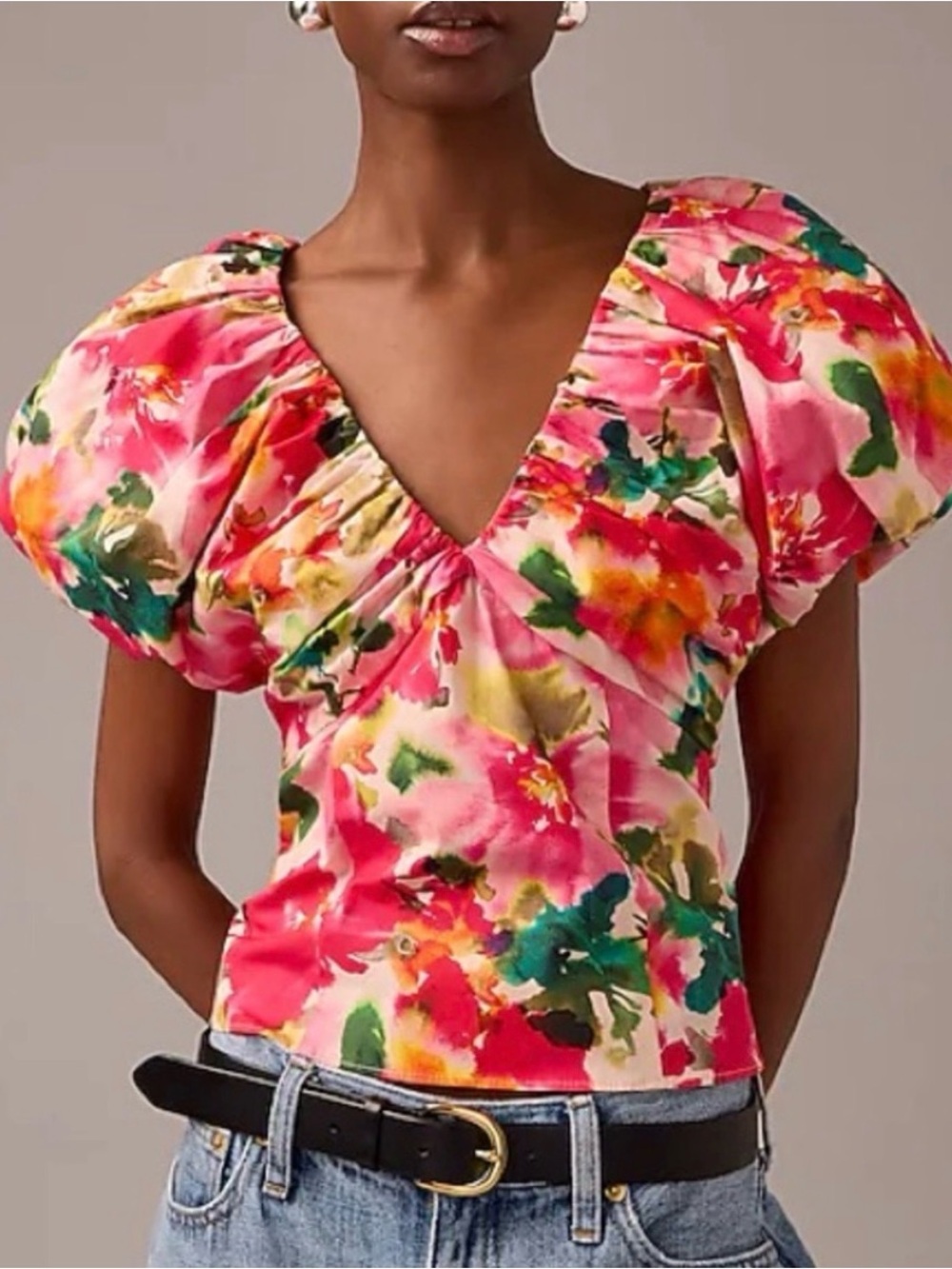 J. Crew Pink Floral Puff-Sleeve Top
